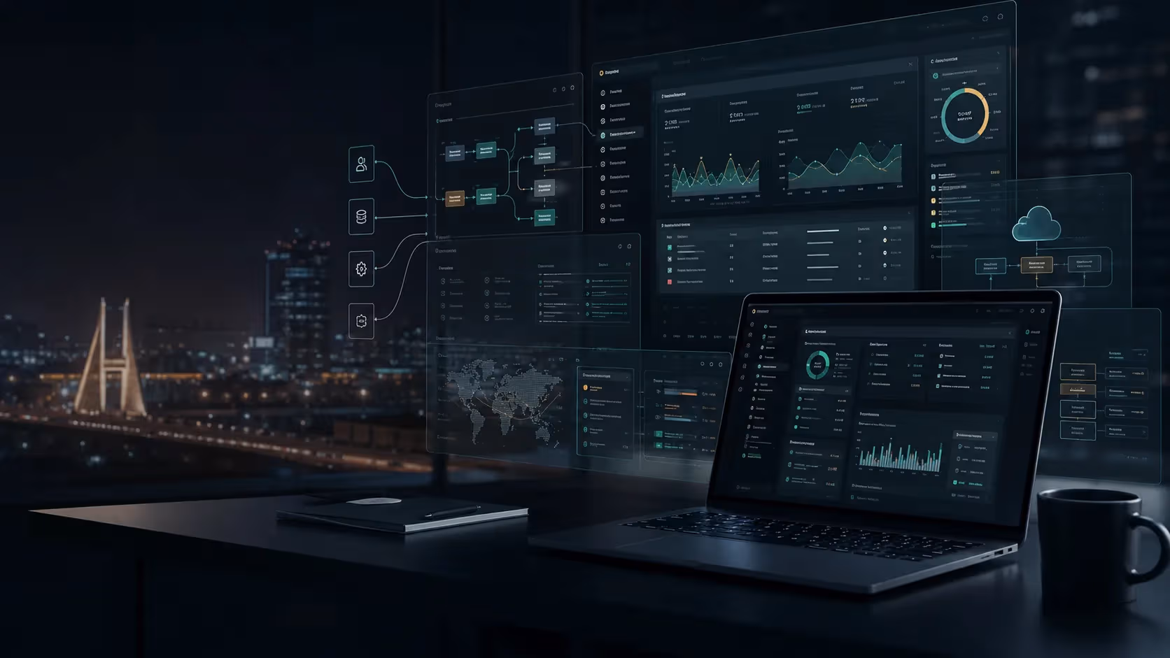 A cinematic engineering workspace with portal dashboards and architecture screens